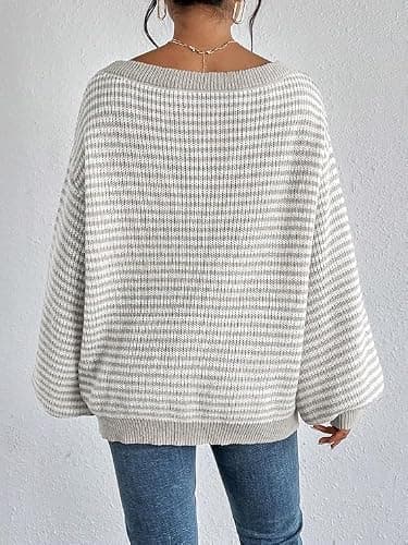 Women's Oversized Striped Sweater Casual Off The Shoulder Sweater Fall Long Sleeve Loose Knit Pullover Jumper Tops thumbnail 5