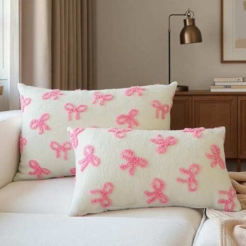 YDBDAT Coquette Room Decor Bow Throw Pillow Covers Embroidered Pillow Covers 12x20 Set of 2 Christmas Cute Bowknot Decoration Pillow Cases for Home Bedroom Lumbar Couch Dorm Pink - Image 1