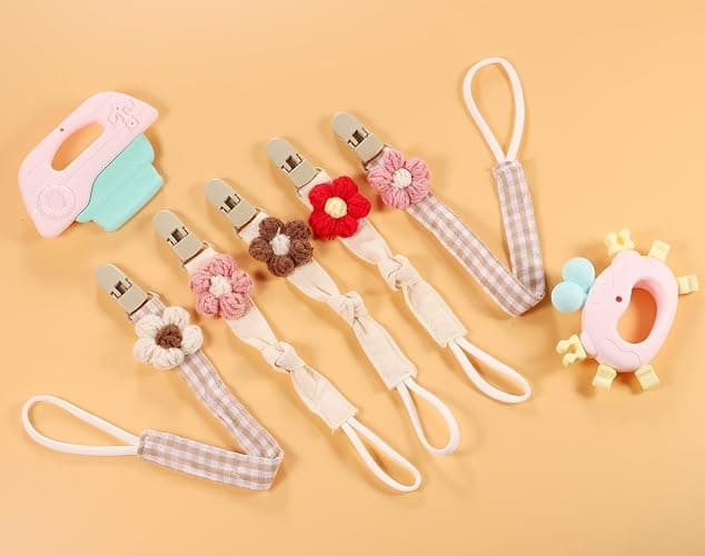 Baby's Breath 5 Pack Pacifier Clips with Adjustable Strap (14.5-18.3 in) - Handmade Boho Style Flower Design, Soft Textile Baby Holder Set for Girls, Neutral Colors for Any Outfit thumbnail 9