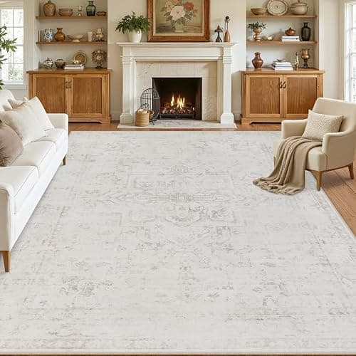 8x10 Area Rugs for Living Room: Vintage Boho Neutral Washable Rug Indoor Soft Large Area Rug Carpet for Bedroom Nursery Farmhouse Dining Room Office Floor Non-Slip Low Pile Under Table Neutral Cream - Image 1