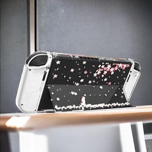 Cute Switch OLED Case – Dockable Glitter Clear Protective Cover with Cherry Blossom Design, Tempered Glass Screen Protector & Thumb Grips for Nintendo Switch OLED thumbnail 9