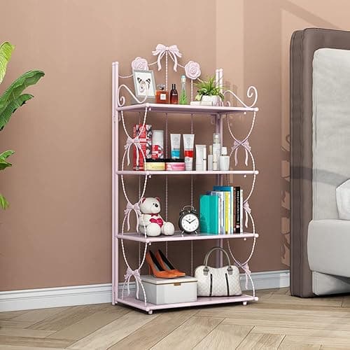 BOOMALTU Cute 4-Tier Folding Metal Shelving Bathroom Shelf,Pink Shelves Pink Bookshelf with Bow and Flowers Decor for Storage and Display in Living Room, Bathroom, Office, Kitchen thumbnail 4