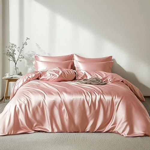Lanqinglv Bettwäsche Set 135x200cm 2 Teilig Rosa Satin Seide Seidig Luxus Bettbezug mit Reißverschluss und Kissenbezug 80x80cm - Image 1