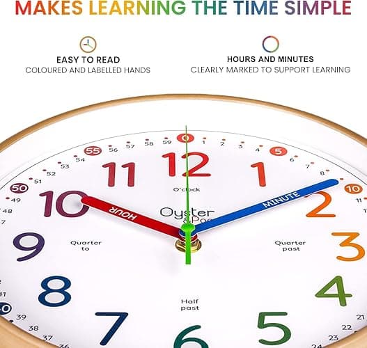 Oyster&Pop Kids Learning Wall Clock - Silent Non-Ticking Analog 10 Inch Teaching Clock for Classrooms & Bedrooms - Makes Telling Time Easy for Kids thumbnail 2