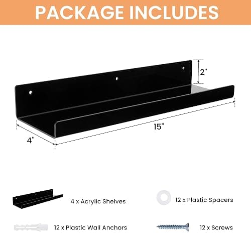 upsimples Acrylic Shelves for Wall Decor, 15" Display Shelf Perfume Organizer for Bathroom, Bedroom, Living Room, Floating Bookshelves for Kids, Black, 4 Pack thumbnail 3