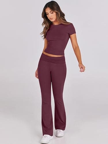 ANRABESS Lounge Sets for Women 2 Piece Foldover Yoga Flare Leggings Pants Crop Tops Casual Y2K Outfits Matching Tracksuit Set thumbnail 8