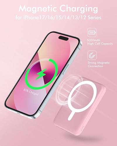 podoru for Magsafe Power Bank, 5000mAh Magnetic Battery Pack with Type-C Cable 20W PD Fast Charging Lighting Input for Wireless Portable Charger for iPhone 17/16/15/14/13/12 Series-Rose Pink thumbnail 3