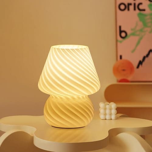 ONEWISH Mushroom Lamp-Small Bedside Table Lamp with Striped Glass, Nightstand Night Light for Bedroom Living Room, 3000K 6.5W Bulb Included, for Christmas Day, Creamy Yellow - Image 1