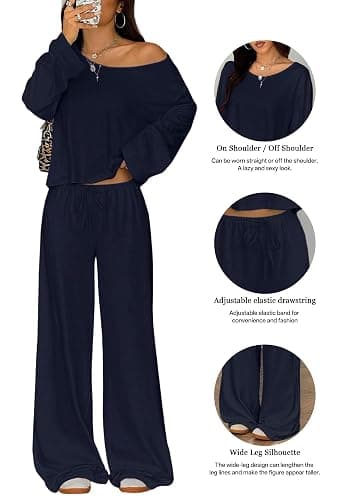 TDCoool Two Piece Matching Lounge Sets For Women Vacation Airport Fall Outfits Off Shoulder Sweatshirt Wide Leg Sweatpant Set thumbnail 3