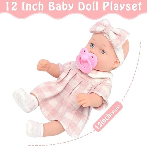 12″ Baby Doll Classic Checkered Dress & 6-Piece Accessories Gift Box Packaged – Soft Realistic Lifelike Baby Dolls for Toddlers & Little Girls thumbnail 4