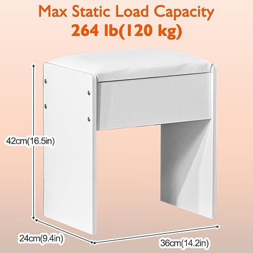 tojump Vanity Stool Chair 16 Inch, Cushioned Vanity Stools, Dressing Table Stool, Dressing Table Seat, Easy Assembly Makeup Chair, Footstool for Makeup Room, Living Room, Bedroom, Entryway, White thumbnail 2