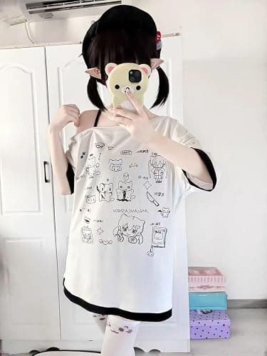 Y2k Kawaii Shirts for Women Cartoon Graphic Tees Off Shoulder Cutecore Shirts Harajuku Fashion Gothic Tops thumbnail 5