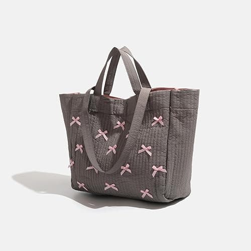 Umimss Preppy Y2K Bow Tote Handbag - Gray-Pink Puffer Aesthetic Large Shoulder Hobo for School, Fashion and Travel thumbnail 7