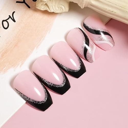 24PCS Black French Tip Press on Nails Medium Length Square Fake Nails with Silver Glitter Line Designs Glossy Coffin Nails Full Cover Nail Tips False Cute Stick on Nails for Women thumbnail 6