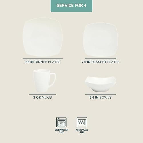 Gibson Home Zen Buffet Porcelain Chip and Scratch Resistant Dinnerware Plates, Bowls, and Mugs Set, Service for 4 (16pcs), White (Square Dishes) thumbnail 3
