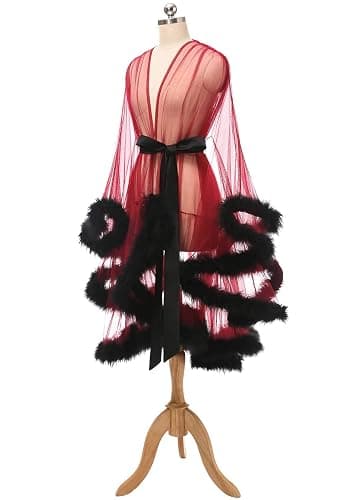Yexinbridal Tulle Feather Robe Sexy Sheer Mesh Fur Bridal Illusion Boudoir Bathrobe Nightgown Christmas Lingerie thumbnail 2