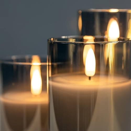 ANGELLOONG Grey Fake Candles Battery Operated, Flickering Flameless Candles with Timer and Remote, Glass LED Electric Pillar Candles Set of 3 for Home Coffee Table Bathroom Decor thumbnail 6