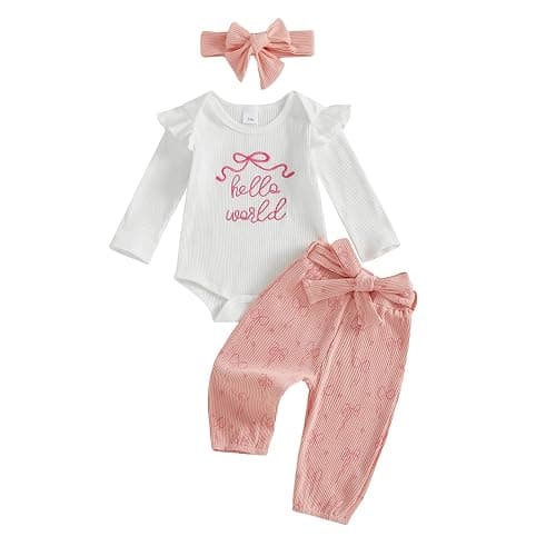 Twopumpkin Preemie Clothes Baby Girl Outfit Newborn Hello World Ribbed Romper Knitted Pants Headband Coming Home Outfits - Image 1