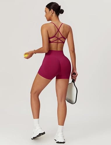 ABOCIW 2 Piece Seamless Workout Sets for Women Scoop Neck Strappy Sports Bra Scrunch Butt Lifting Gym Impact Shorts thumbnail 4