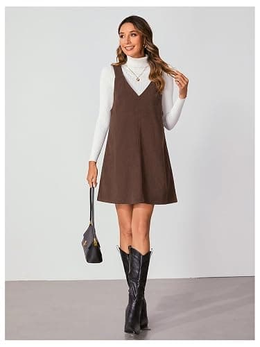 Milumia Women's V Neck Corduroy Overall Dress Mini Pinafore Jumper Dress | 2026 Fall, A Line, Spring, for Ladies, 90s, Going Out, Loose Romper, Casual Short Dresses thumbnail 4