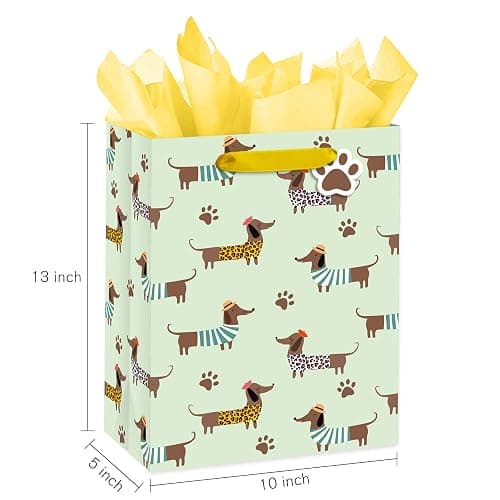 Loveinside Dachshund Gift Bag for Boys Girls, Cut Sausage Dog Dressed-Up Design with Paw Prints, Green Medium Gift Bag with Tissue Paper, Tag, Card for Birthday, Pet Party, 10" x 5" x 13", 1 Pcs thumbnail 2