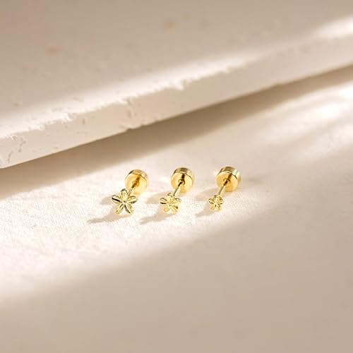 GUOKE 3 Pair Tiny Flat Back Earrings for Women - 14K Gold/White Gold Plated Cute Small Screw Flatback Stud Earring, Everyday Wear thumbnail 6