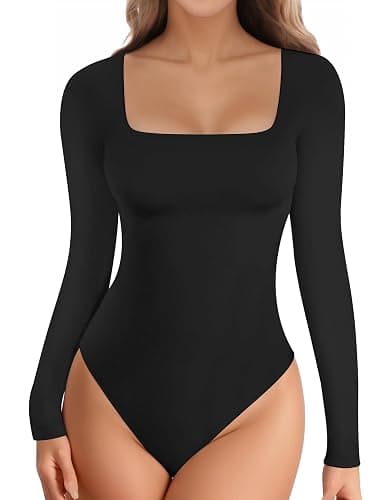 YOGINGO Long Sleeve Square Neck Bodysuits for Womens, Body Suits Tops Going Out Basic Leotards Slim Fitted Outfits Shirt - Image 1