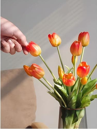 15 Pcs Orange tulips artificial flowers faux tulips real touch Latex | Fake Flower Bouquet for Wedding Dining Table Living Room Home Décor Centerpiece Arrangements thumbnail 7