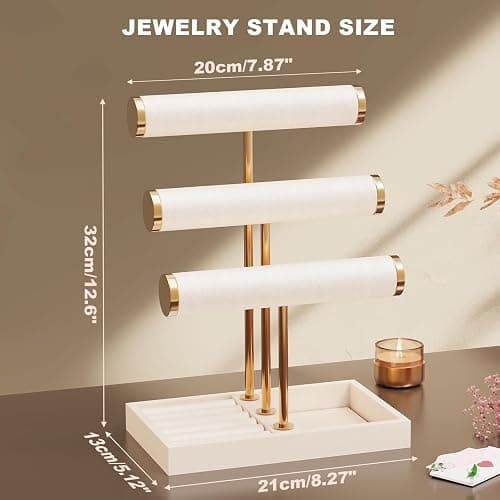 Abiglifty 3 Tier Necklace Holder Display, Jewelry Organizer, Jewelry Stand, Bracelet Display, Necklace Organizer, Bracelet holder, Jewelry Display for Necklace, Watches, Rings, Beige thumbnail 3