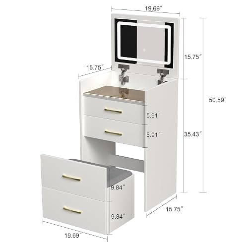3 in 1 Vanity Desk with Plip Top Mirror and Lights,Compact Vanity Set with Visible Glass Desktop,Small Makeup Vanity Table with 3 Drawers,Cushioned Tool,3 Light Mode,Brightness Adjustable,White thumbnail 2