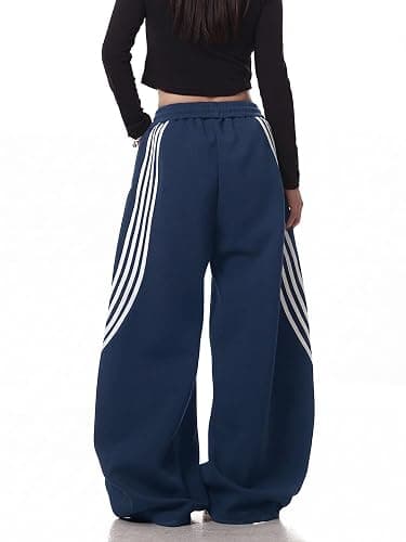 EMMIOL Women’s Y2K Baggy Barrel Striped Sweatpants, High Waisted Wide Leg Pants, Joggers with Drawstring Waist and Cuffs thumbnail 2