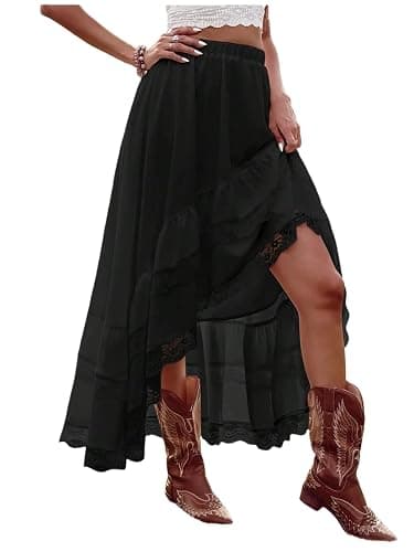 SHENHE Women's Boho Maxi Skirt High Low Asymmetrical Lace Ruffle Hem Flowy Western Skirt - Image 1