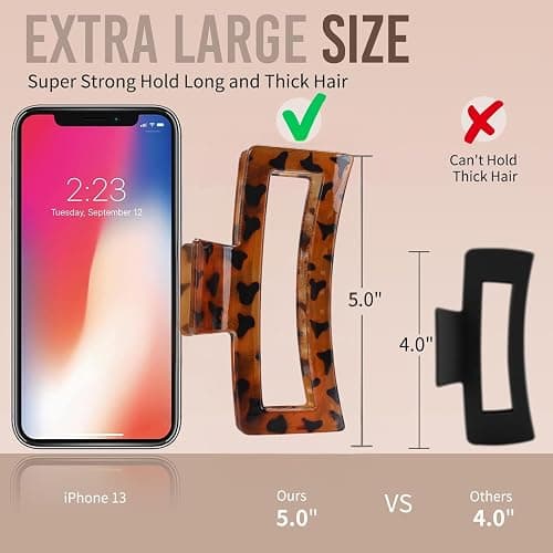 5 Inche Extra Large Claw Clips for Thick Hair, 4 Pack Xl Leopard and Glossy Claw Clips, Jumbo Non-Slip Rectangle Hair Clips for Women, Strong Hold Jaw Clips for Long Hair thumbnail 2
