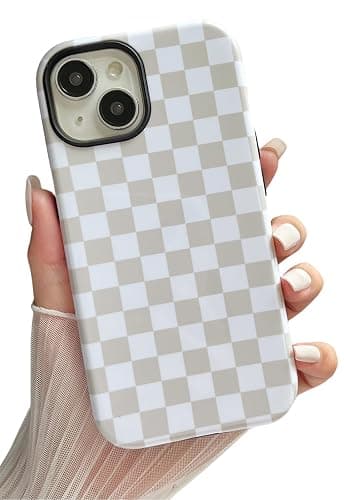 Longlayss Compatible with iPhone 13/14 Case Cute Aesthetic Checkerboard Checkered Phone Case for Women Girl Shockproof Slim TPU and Hard PC Protective Cover (Antique White) - Image 1