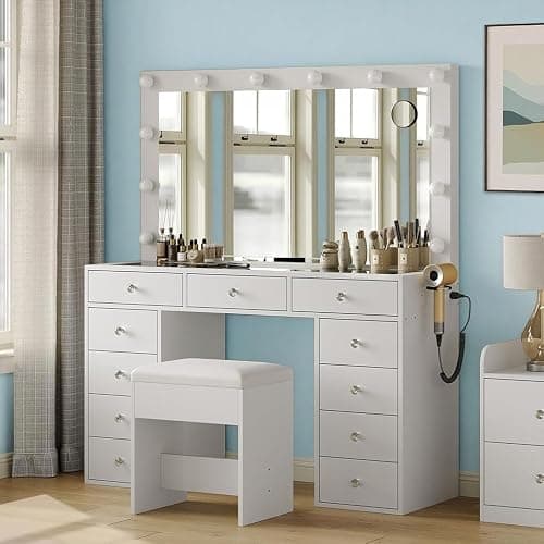 Vanity Desk with Mirror, Makeup Table with Power Outlet and 11 Lights, Set 3 Lighting Modes Brightness Adjustable, Vanity Table with 11 Drawers and Cushioned Stool for Bedroom, Dressing Room (White) thumbnail 6