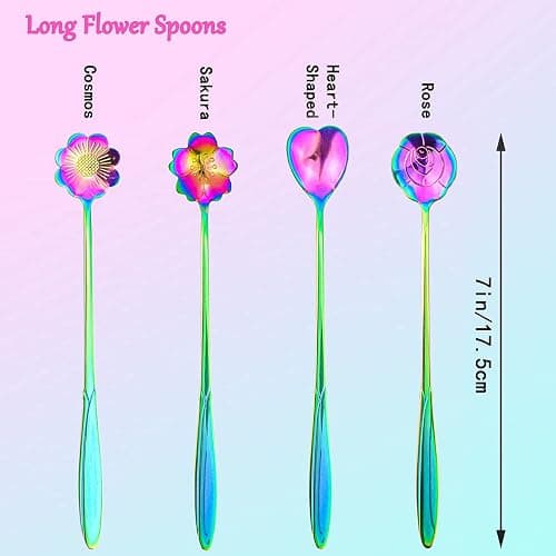 LEEFONE Flower Spoon Set of 4, 7 Inches Stainless Steel Reusable Cute Tea Spoon for Drink Mixing Milkshake Jam (Rainbow) thumbnail 2