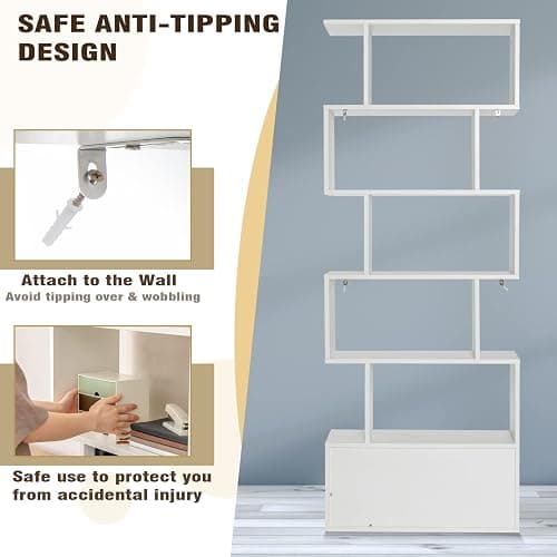 Giantex 6-Tier Geometric Bookcase with Cabinet, Freestanding Display Shelves with Anti-Tipping Device, Wood S-Shaped Bookshelf for Living Room, Bedroom, Study, White thumbnail 6