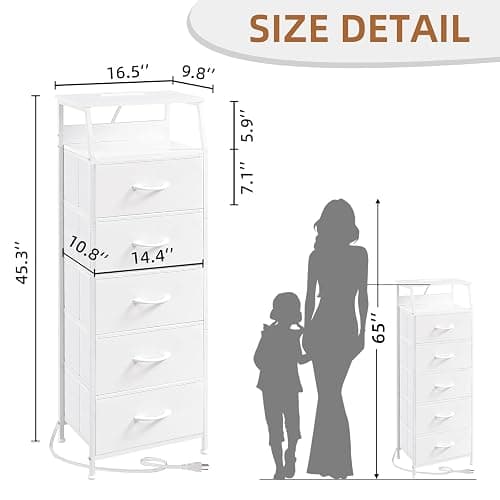 Somdot White Nightstand with Charging Station and LED Light for Bedroom, Tall 5 Drawers Dresser with Fabric Bins for Bedside Kids Dorm Room Closet Laundry Entryway, White Leather - 11"D x 16.5"W x 45.3"H (5 Drawers) - White Leather thumbnail 3