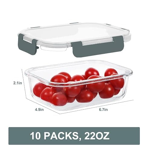 KOMUEE 10 Packs 22 oz Glass Meal Prep Containers, Glass Food Storage Containers with Lids, Airtight Lunch Boxes BPA Free, Microwave and Freezer Safe thumbnail 2