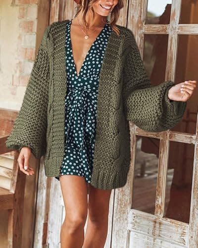 Cicy Bell Women's Open Front Chunky Knit Cardigan Loose Lantern Sleeve Oversized Sweater Coats thumbnail 2