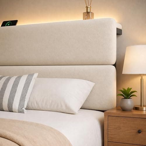 UHTN Queen Bed Frame with 2 Storage Drawers, Beige Velvet Upholstered | Platform Bed with Charging Ledge, LED Headboard Lighting, Metal Support, Noise Free, No Box Spring Needed, Easy Assembly thumbnail 5