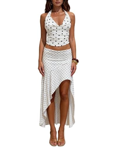 Polka Dot 2 Piece Maxi Skirt Sets for Women Cowl Neck Halter Top and Ruffle High Low Maxi Skirt Beach Vacation Outfits - Image 1