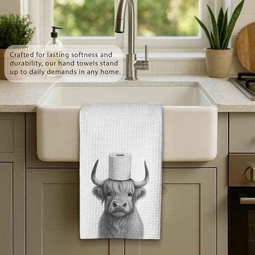 Threegoat Funny Cute Highland Cow Hand Towels for Bathroom,1 PCS Cow Decor Farmhouse Kitchen Towels,Animal Decorative Towels for Western Country,pet Gifts for Women, Pet Owners Housewarming - B02 thumbnail 2
