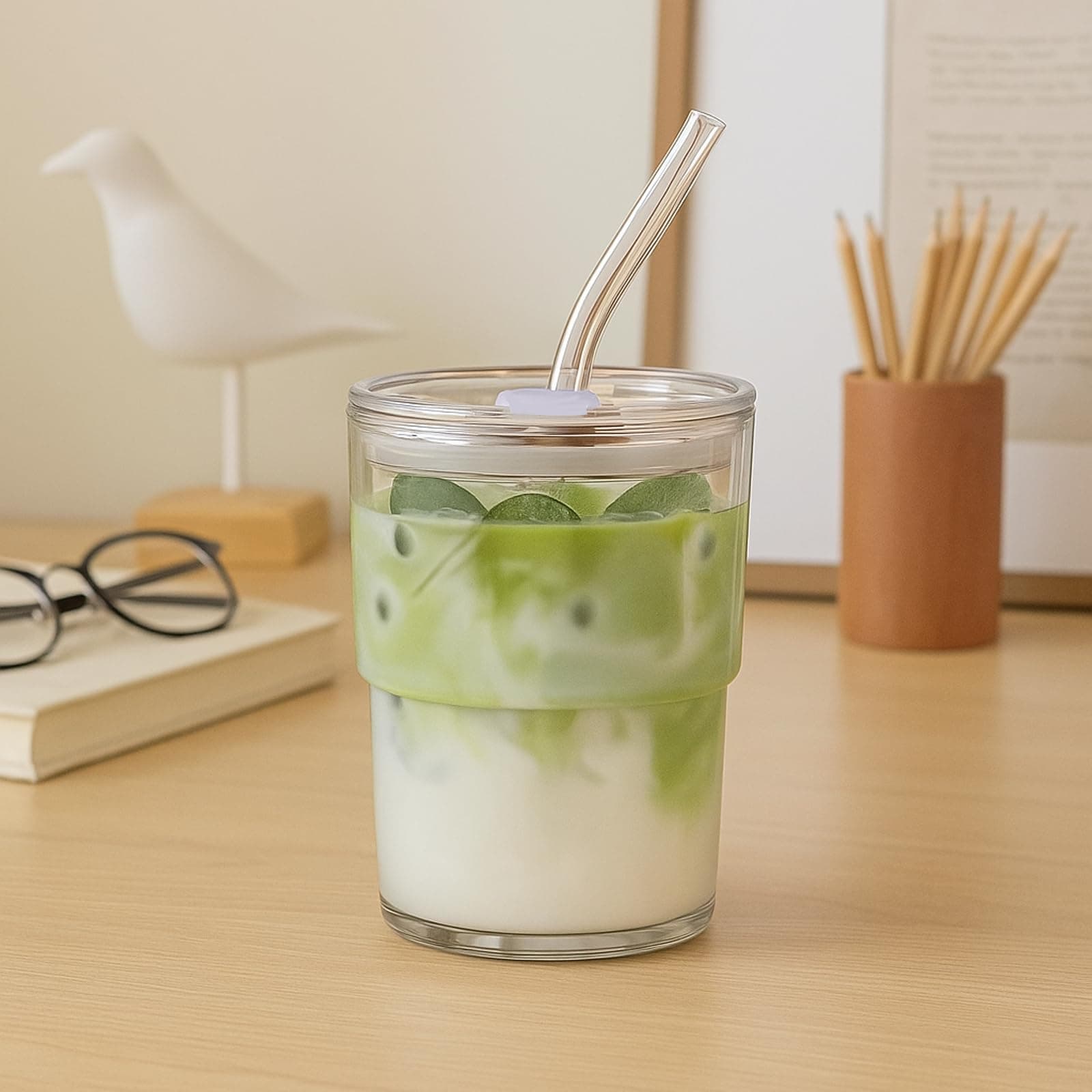MINGHYZYA 13oz Iced Coffee Cup, Reusable Glass Tumbler with Straw and Lid, Thick Wall Glass Cups with Lids and Straws for Matcha, Smoothies, Drinking Glassware Water Cups (clear-4pack) thumbnail 4