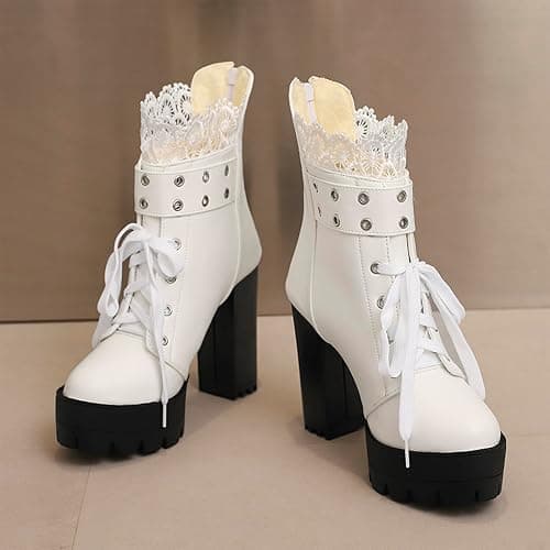 MEOTINA Goth Platform Boots Lace Buckle Gothic Cosplay Booties Chunky High Heels Ankle Boots Zipper Punk Shoes thumbnail 5