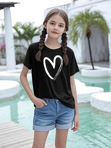 APWEQATA Girls Short Sleeve T Shirts Kids Summer Tops Crewneck Basic Graphic Tees 5-14 Years thumbnail 2