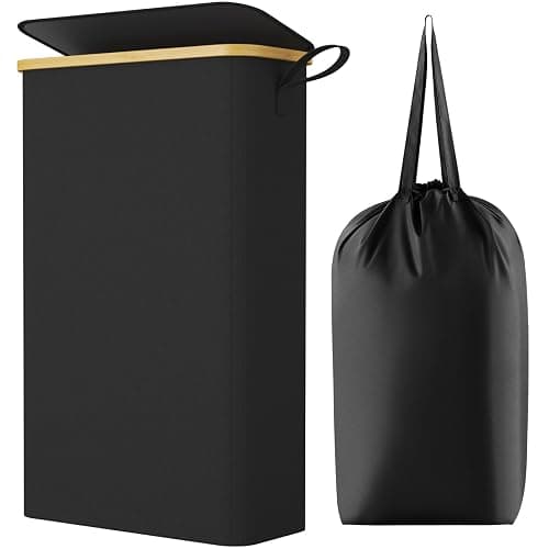 Lifewit 65L Slim Laundry Hamper with Lid, Narrow Laundry Basket with Removable Bag & Bamboo Handles, Fodable Thin Dirty Clothes Hamper for Laundry Collapsible Bin for Bathroom Bedroom Dorm, Black - Image 1