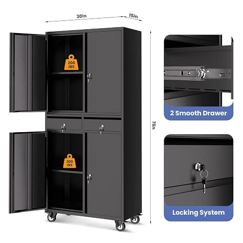 GarveeHome 73'' Metal Storage Cabinet, Heavy Duty Garage Storage with Wheels, Locking Doors and 2 Drawers, Adjustable Shelves, Black thumbnail 3