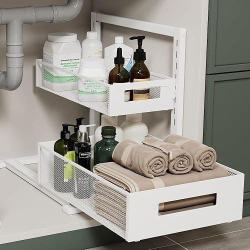 Petiza Under Sink Organizer Adjustable Height 2 Tier Bathroom Organizer Pull Out Cabinet Organer kitchen organizers and storage fridge organizers and storage,White,XL-1 Pack - Image 1