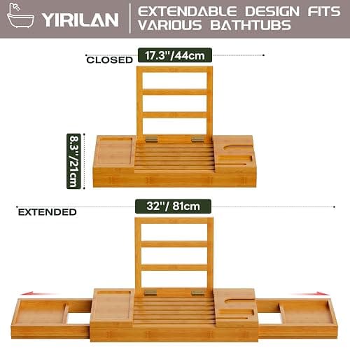 Yirilan Premium Bath Tray, Expandable Bathtub Tray Caddy, Bamboo Bath Shelf with iPad & Phone Holder, New Home, Anniversary and Wedding Gifts, Bridal Shower Gift for Women thumbnail 3